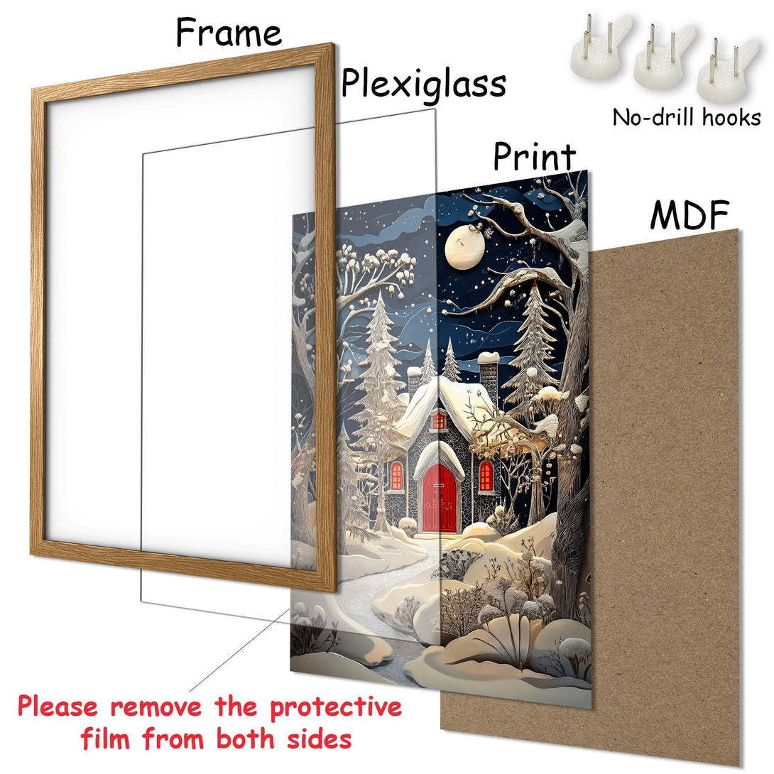 Framed Poster featuring a winter scene with a house, in a blue, white, and red color palette. Perfect wall art!