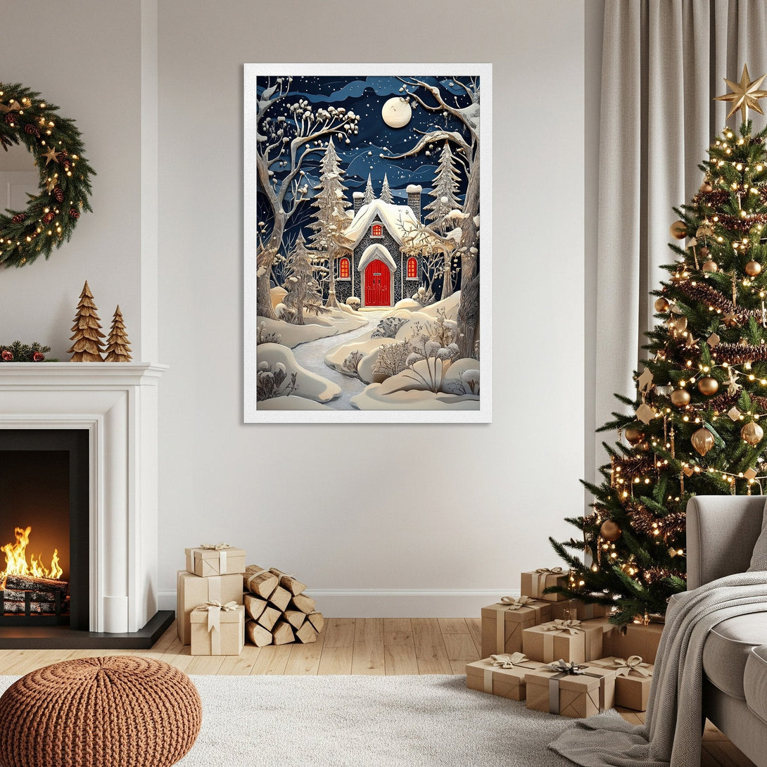 Framed Poster of winter cabin scene in a whimsical style, featuring a blue and white color palette, perfect for holiday decor.