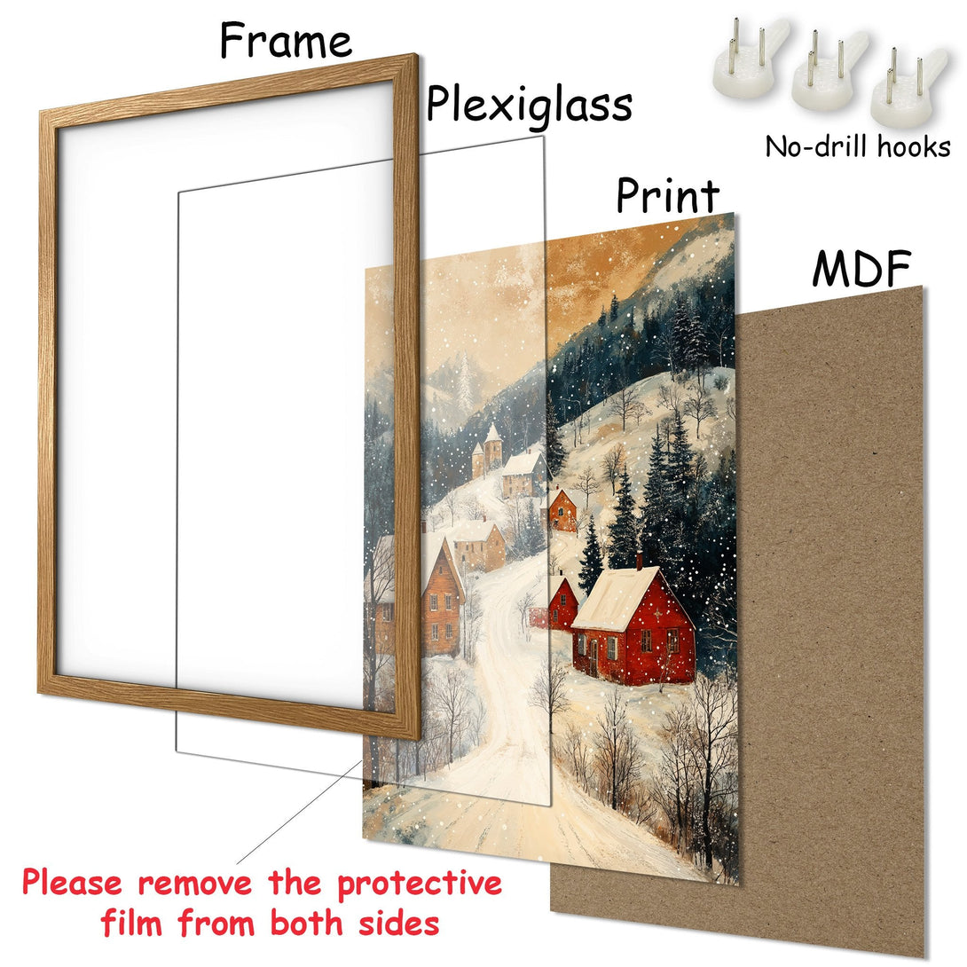 Framed Poster of a winter village scene. Warm, cozy style with a neutral & red color palette. Perfect wall art for your home!