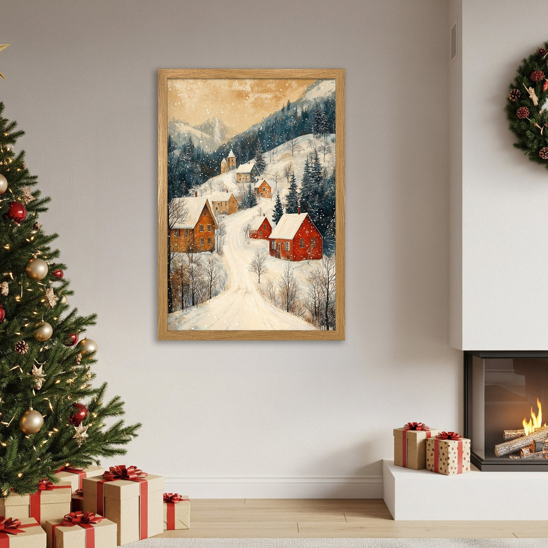 Framed Poster of a winter village scene. Rustic style, warm tones of red, brown, and white. Perfect holiday decor.