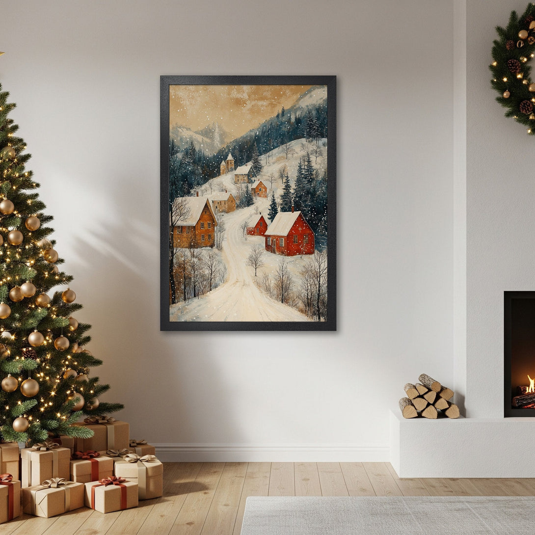 Framed Poster featuring a snowy winter village scene in watercolor style. Warm color palette with reds, browns, and blues, perfect for holiday decor.