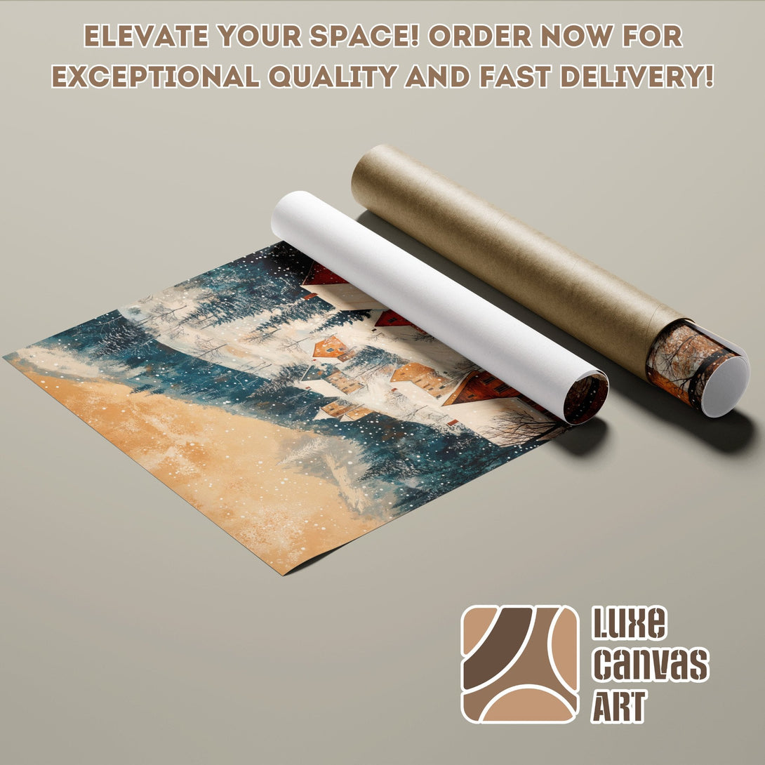 Winter landscape poster roll in blue, brown, and beige tones. Elevate your space!