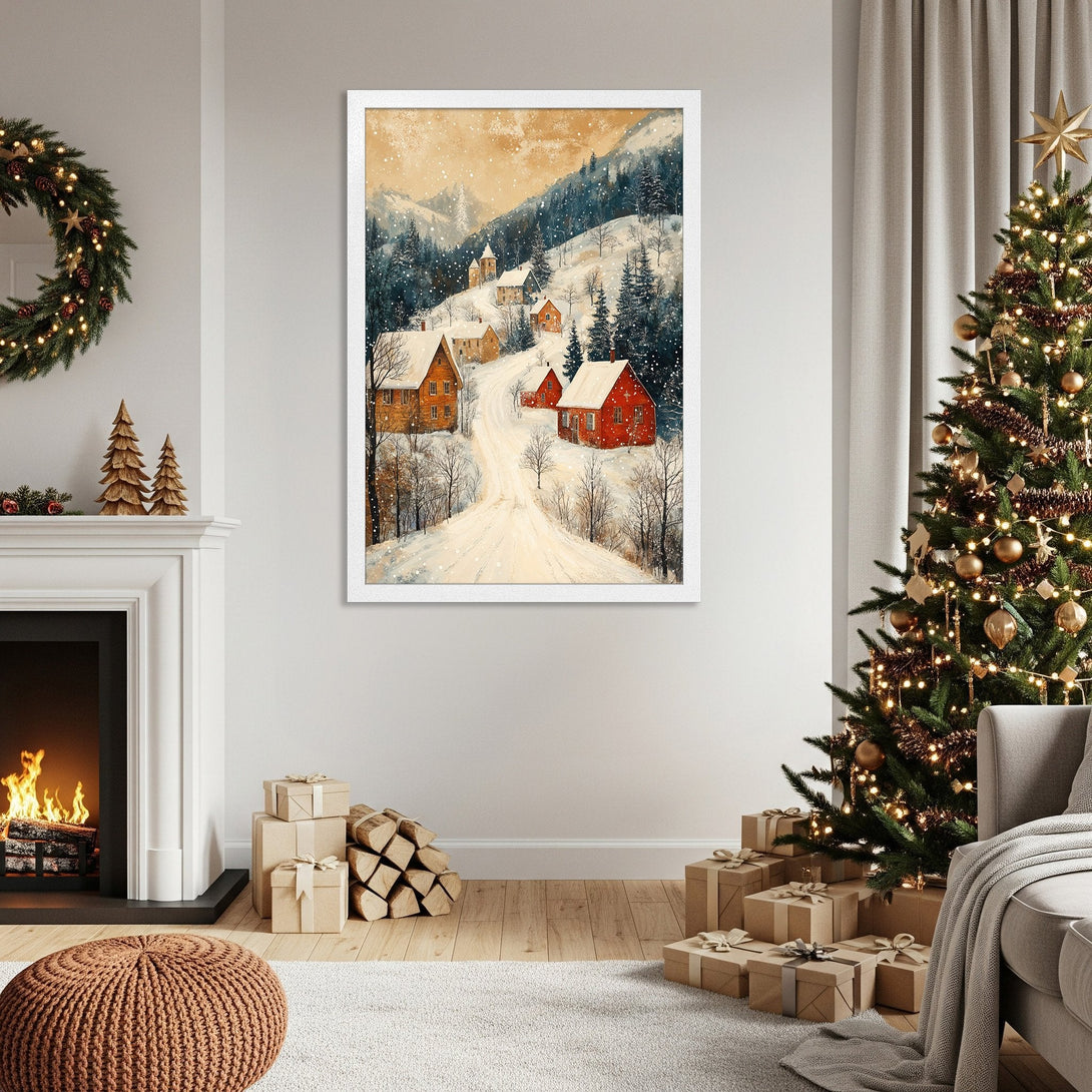 Framed Poster of a snowy village scene in watercolor style. Warm, cozy color palette with reds, browns, and whites. Perfect holiday decor!