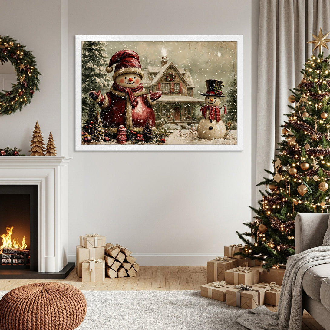 Framed Poster featuring a whimsical Christmas scene with snowmen, in a vintage style with a warm red and white color palette. Perfect holiday decor!