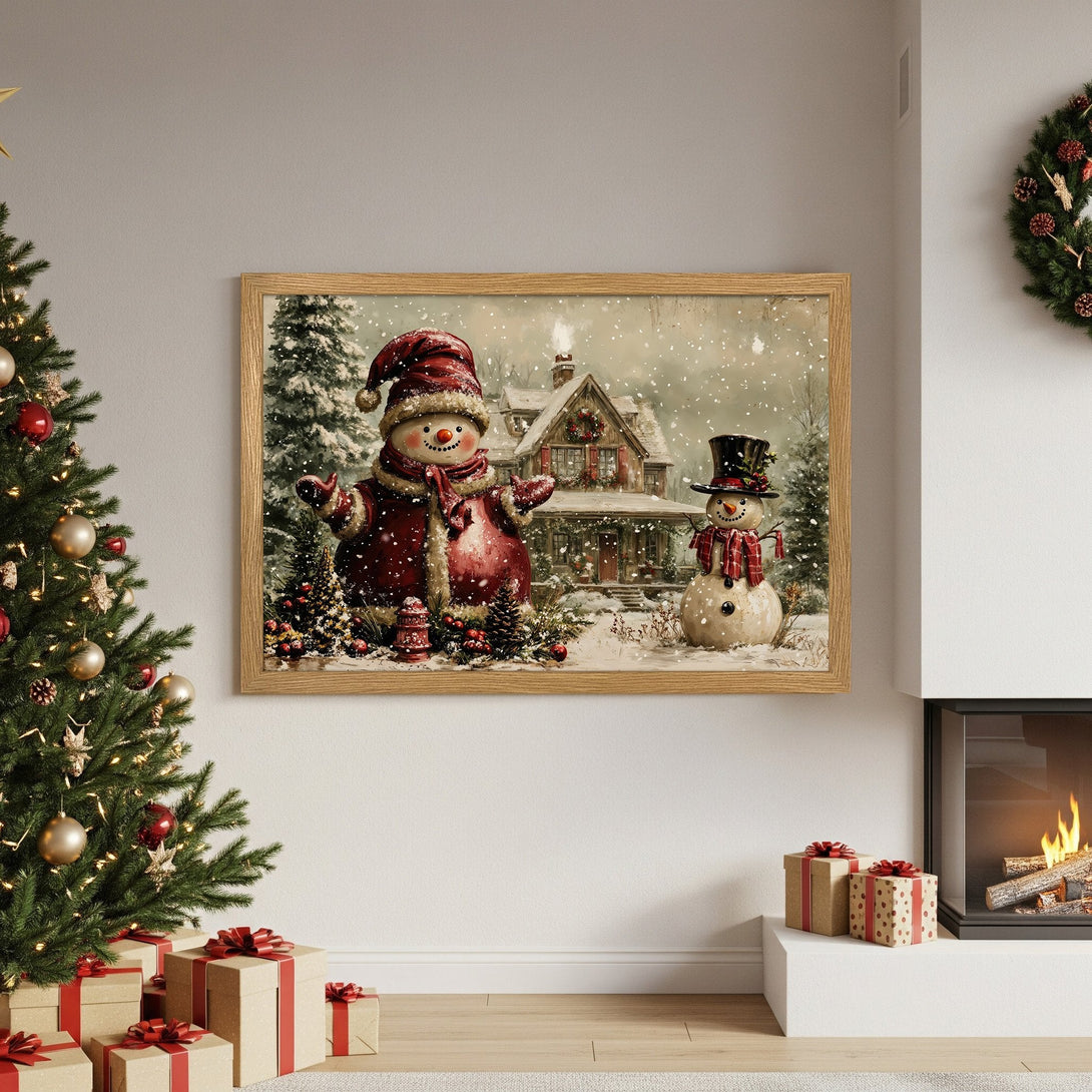 Framed Poster featuring a whimsical Christmas scene with snowmen, a house, and a warm red and beige color palette. Perfect holiday decor!