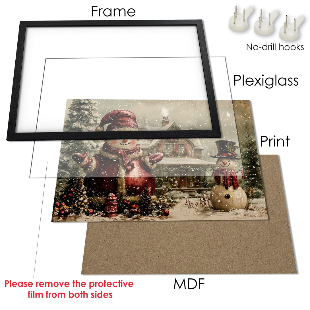 Framed Poster of a winter scene with snowmen, a cozy house, and a warm color palette. Perfect holiday decor!