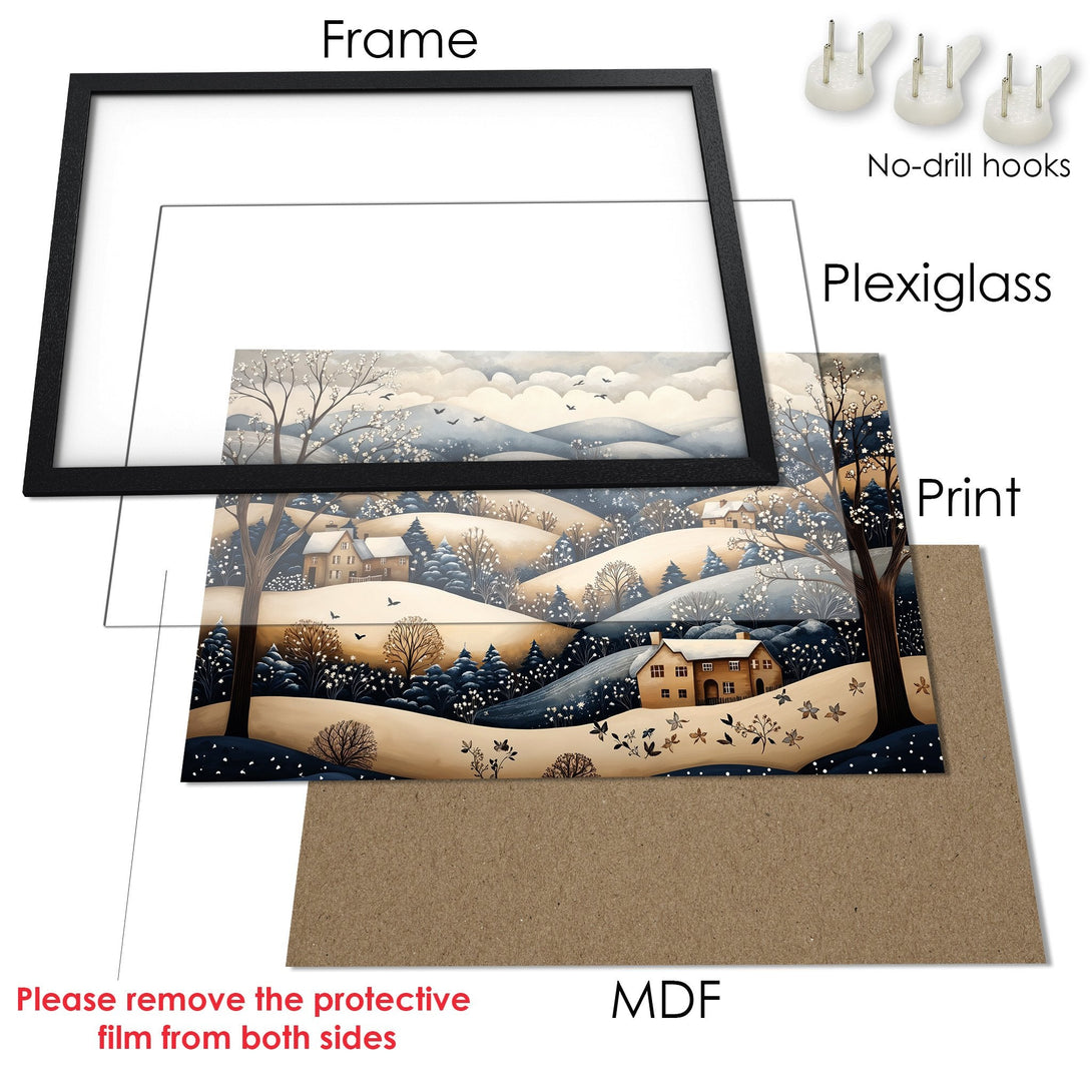 Framed Poster of a winter landscape in a watercolor style, featuring a serene color palette of blues, browns, and whites.