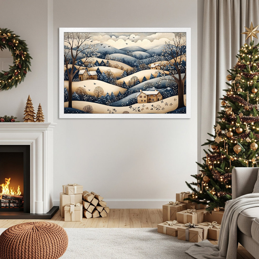 Framed Poster featuring a winter landscape in a whimsical style, with a blue and beige color palette. Perfect for holiday decor!