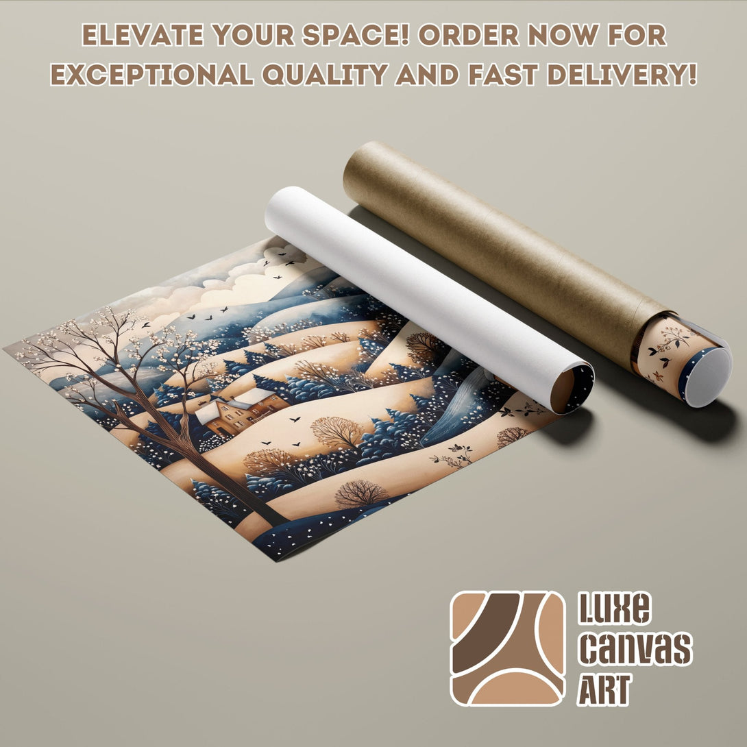 Poster Roll featuring a winter landscape art print in a blue and brown color palette. Order now!
