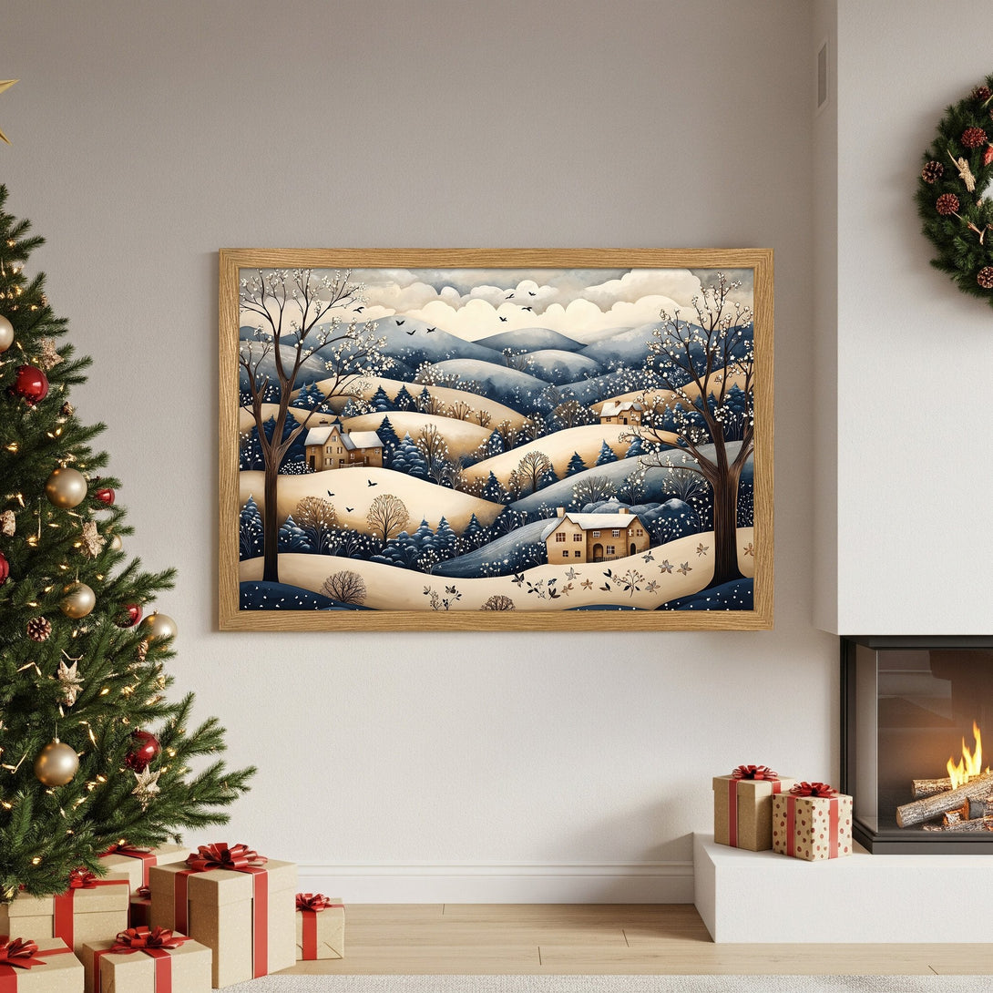 Framed Poster of winter landscape art in blue, beige, & brown tones. Perfect holiday decor!