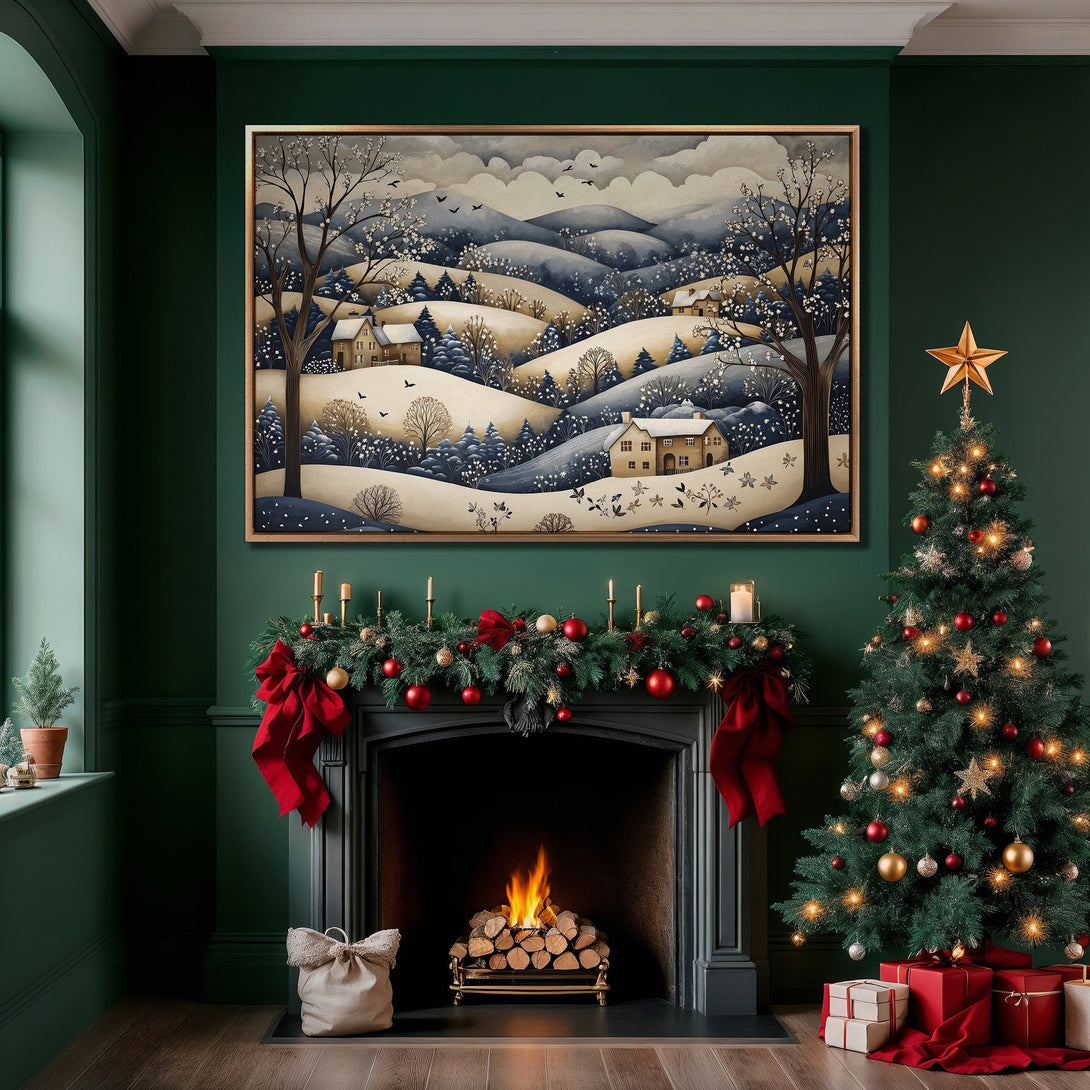 Framed Wall Art featuring a winter landscape in a cozy interior. Blue, cream, and gold color palette. Perfect for holiday decor!