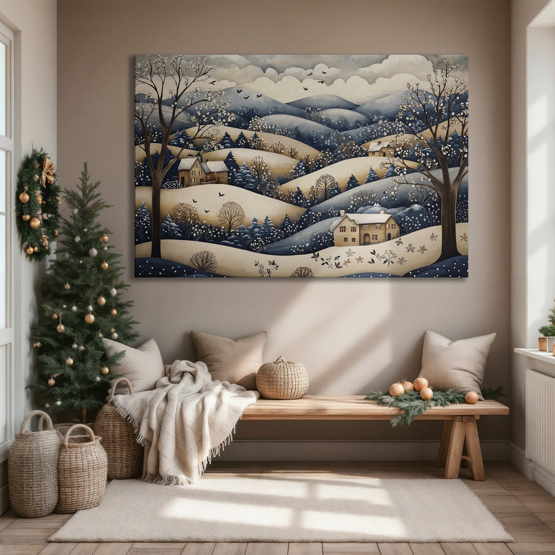 Framed Wall Art: Serene winter landscape Canvas Print in blue, beige, and gold tones. Perfect for adding a touch of nature to your home decor.