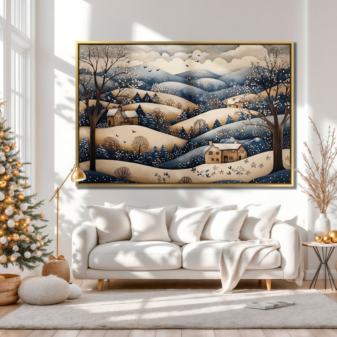 Canvas Print of a winter landscape in a cozy interior. Featuring a serene watercolor style with blue, beige, and white hues. Perfect wall art!