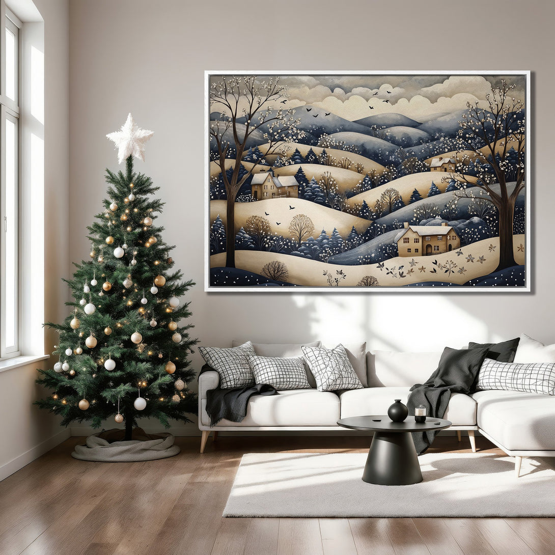 Framed Wall Art: Winter landscape Canvas Print in blue, cream, and tan tones. Perfect for cozy home decor. Shop now!