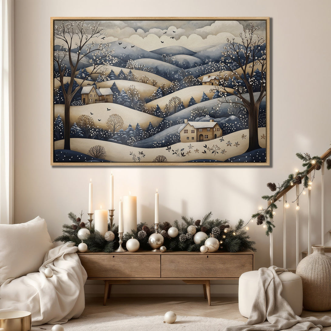 Framed Wall Art: Winter landscape Canvas Print in blue and beige tones. Cozy, artistic scene perfect for home decor, adding a touch of winter charm.