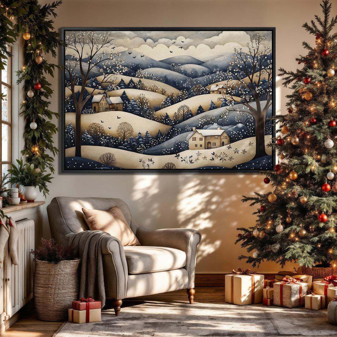 Framed Wall Art: Winter landscape Canvas Print in blue & beige tones. Perfect for cozy interiors. Add a touch of warmth to your home decor!