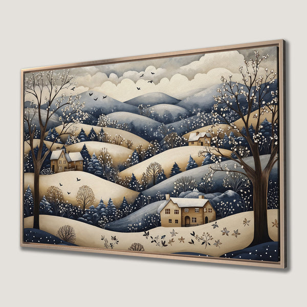 Framed Wall Art: Serene winter landscape Canvas Print with a cozy cottage scene in muted blue, beige, and brown tones. Perfect for adding warmth to any space.