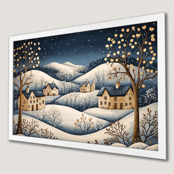Framed Poster featuring a winter village scene in a watercolor style with a blue, beige, and gold color palette. Perfect for cozy decor!