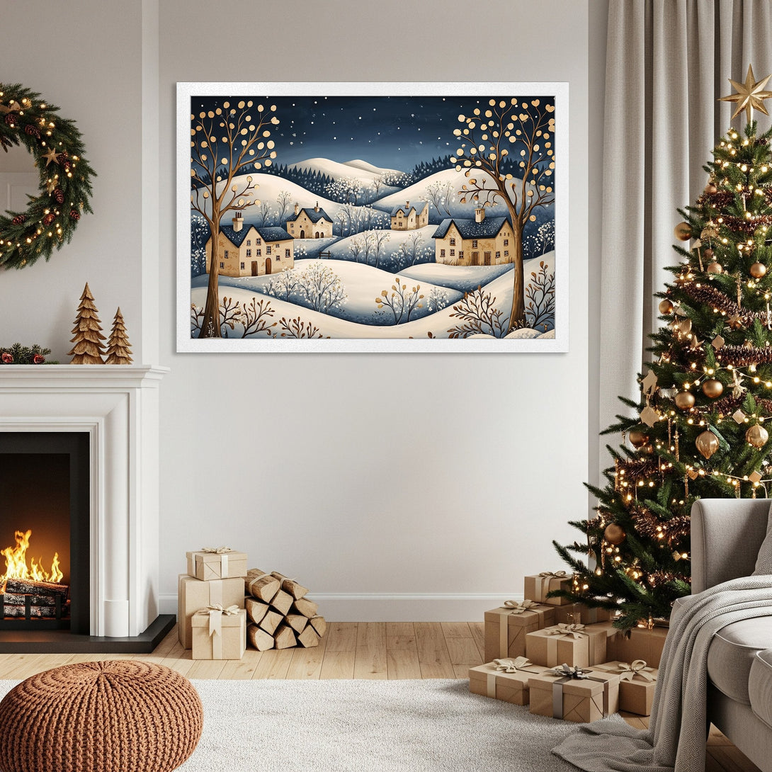 Framed Poster of a winter village scene in a cozy, neutral color palette. Perfect holiday decor!