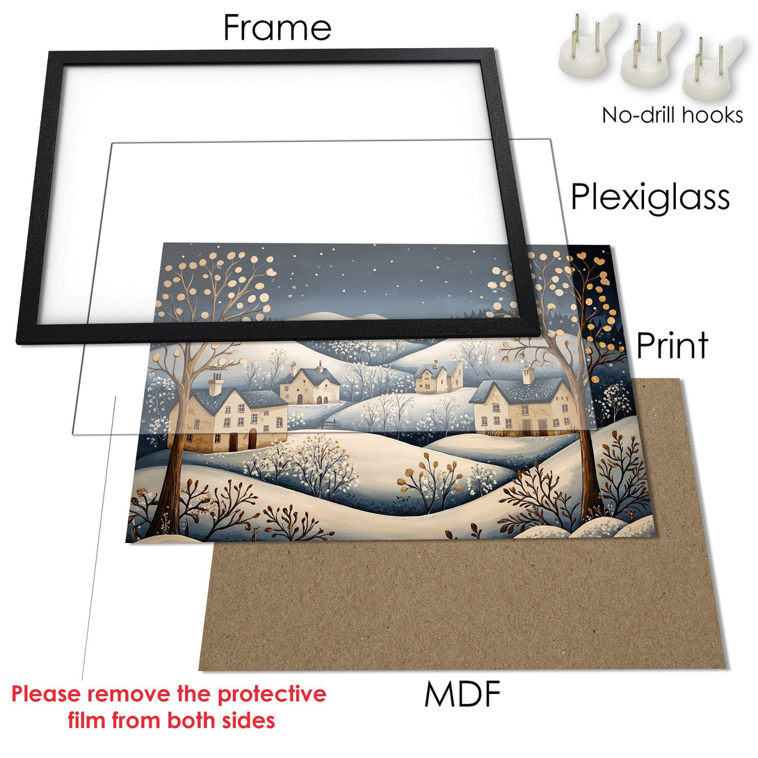 Framed Poster featuring a winter landscape art print. Serene style with cool blue, beige, and gold color palette. Perfect wall decor.