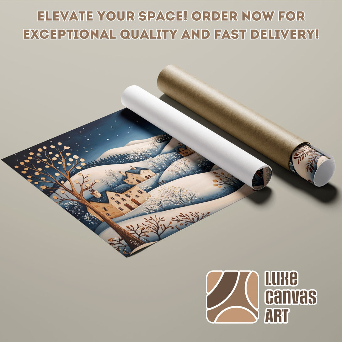 Winter landscape Poster Roll art print in blue, brown, and gold tones. Order yours today!