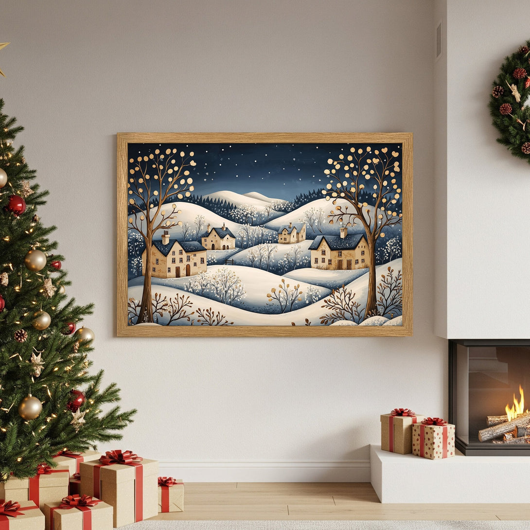Framed Poster featuring a winter village scene in a whimsical style with blue, cream, and gold color palette. Perfect Christmas decor.