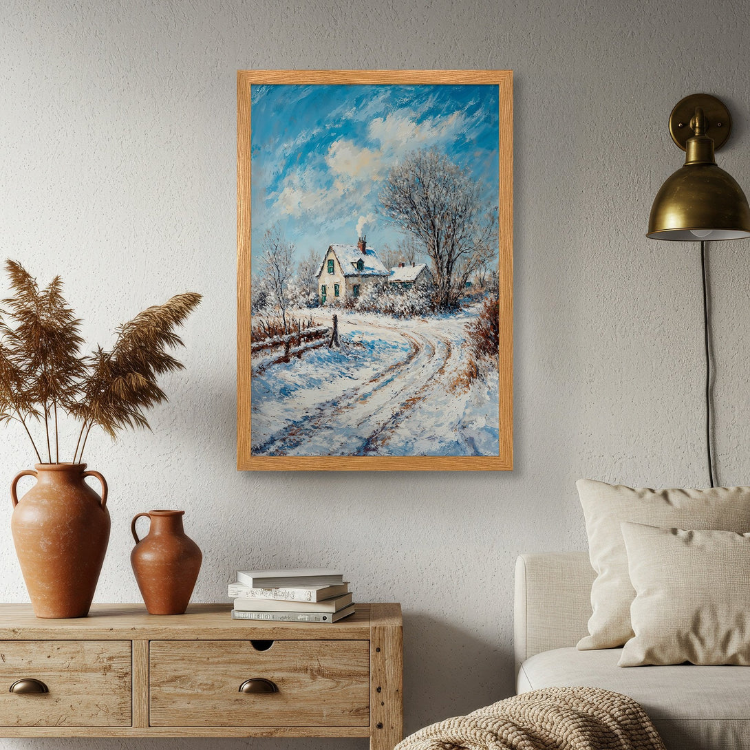 Framed Poster featuring a winter landscape painting in a charming, impressionistic style with a blue and white color palette.