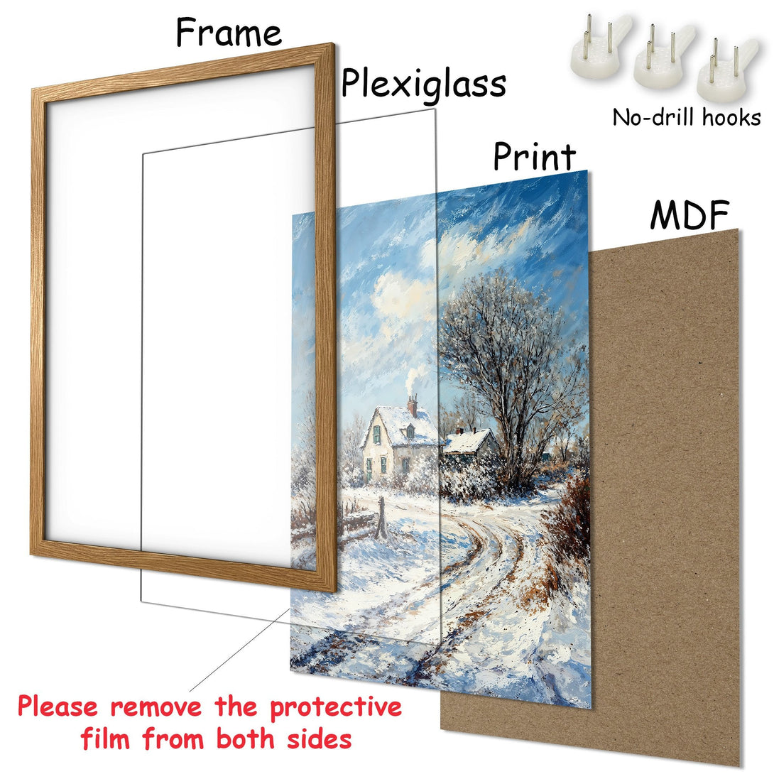 Framed Poster of a winter landscape painting in blue, white, and brown tones. Bring the beauty of nature into your home!