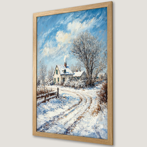 Framed Poster of a winter landscape painting. Features a cozy cottage, snowy road, and a blue and white color palette. Perfect for home decor.