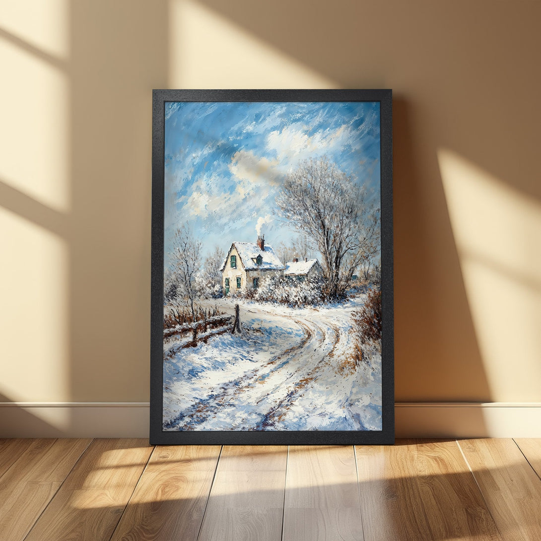 Framed Poster of a winter landscape painting with a house, in a blue and white color palette. Perfect wall art!