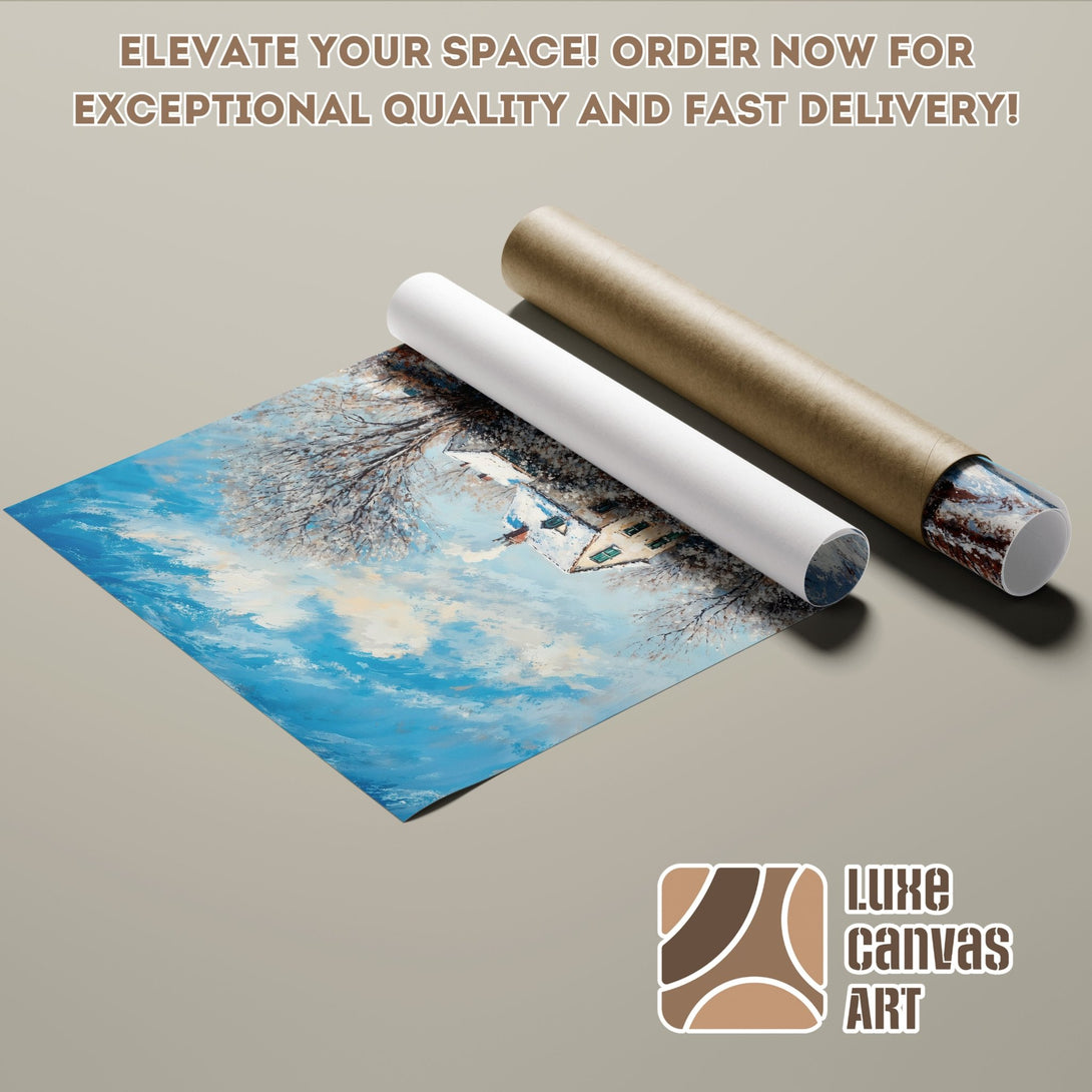 Poster Roll of a winter landscape painting in blue and white, perfect for home decor.