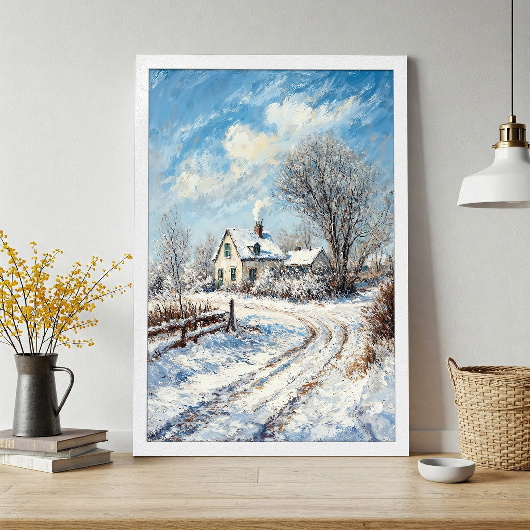 Framed Poster of a winter landscape painting. Features a cozy cottage, snow, and blue sky. Perfect for home decor, a beautiful art piece.