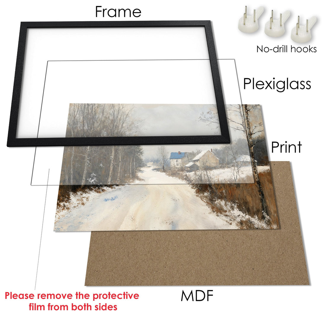Framed Poster of a winter landscape painting. Features a black frame, neutral color palette, and serene style. Perfect wall art!