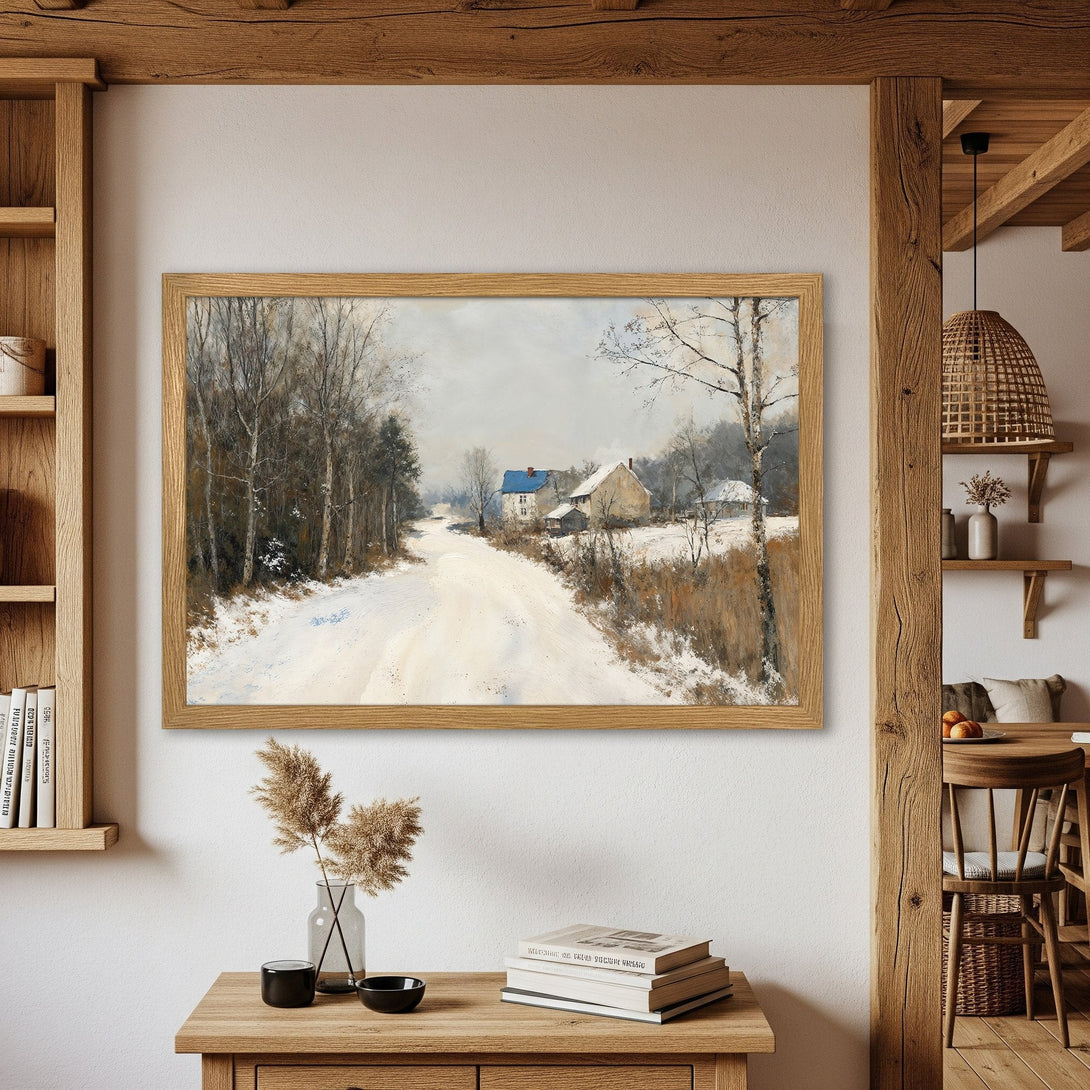 Framed Poster featuring a serene winter landscape painting in muted earth tones. Perfect for adding a touch of rustic charm to your home.