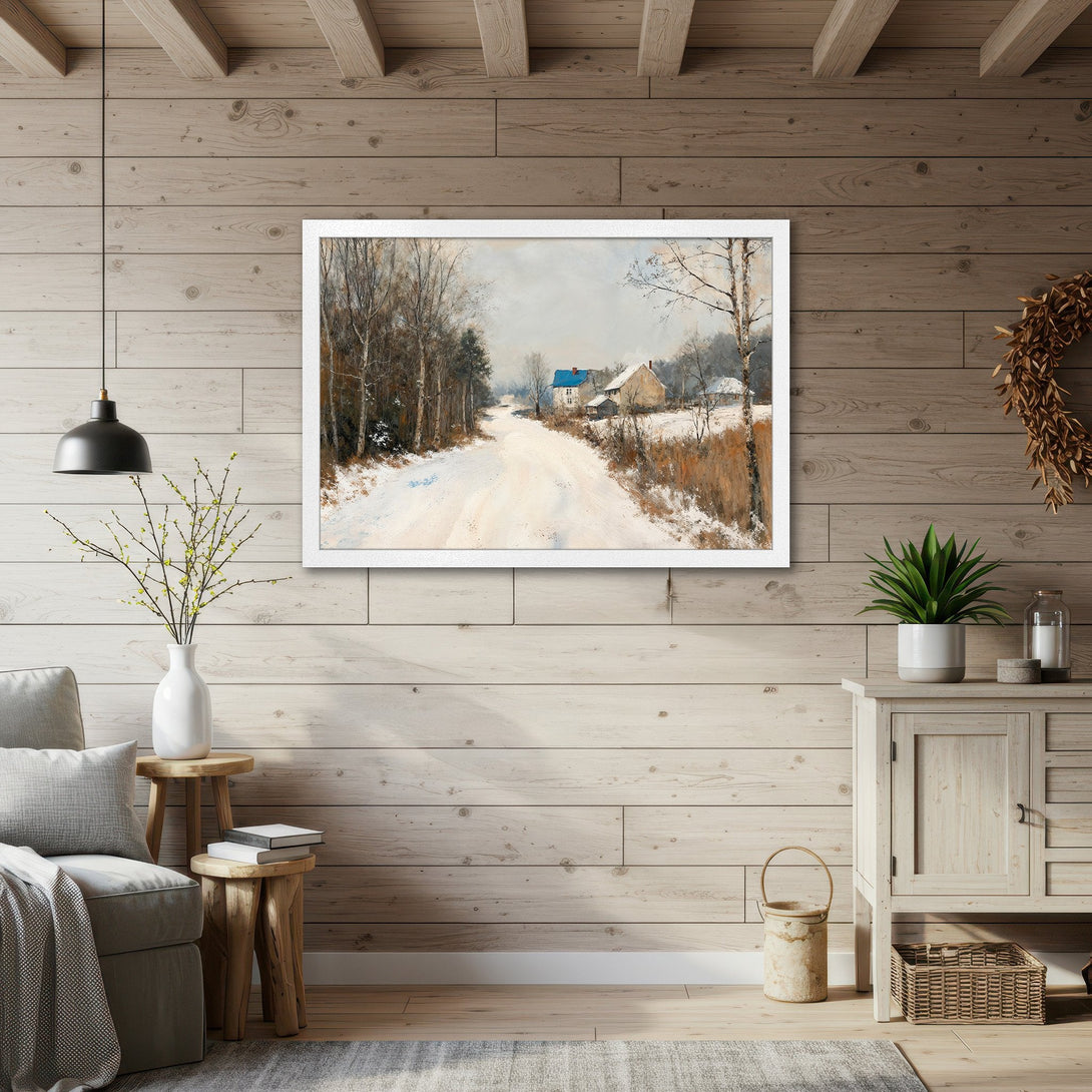 Framed Poster of a winter landscape painting. Rustic style with neutral tones and a touch of blue. Perfect wall art for cozy homes.