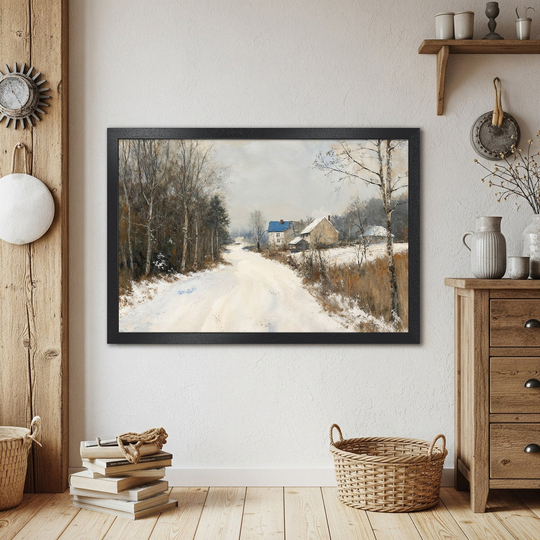Framed Poster of winter landscape painting in muted tones. Perfect wall art for a cozy home!