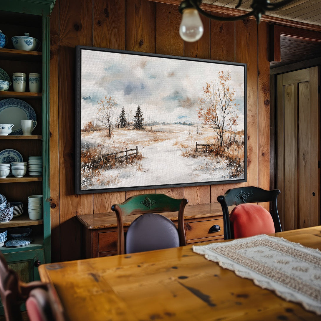 Framed Wall Art: Watercolor winter landscape in a cozy interior. Neutral color palette with snow, trees, and a rustic fence. Perfect for home decor.