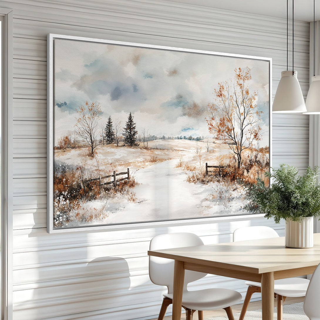 Framed Wall Art: Watercolor winter landscape in neutral tones. Add serene beauty to your home with this elegant canvas print.