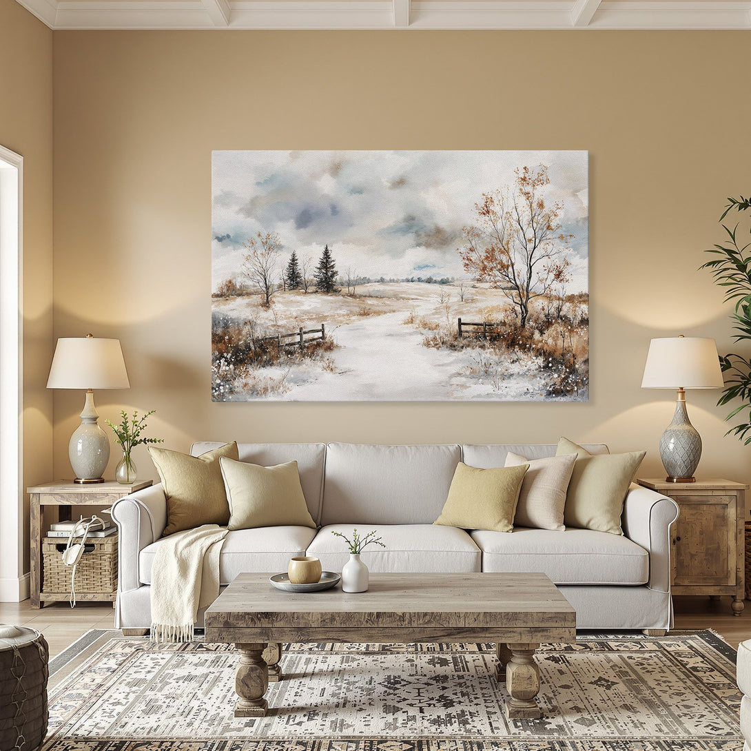 Framed Wall Art: Winter landscape canvas print in warm neutral tones. Rustic art for cozy home decor.