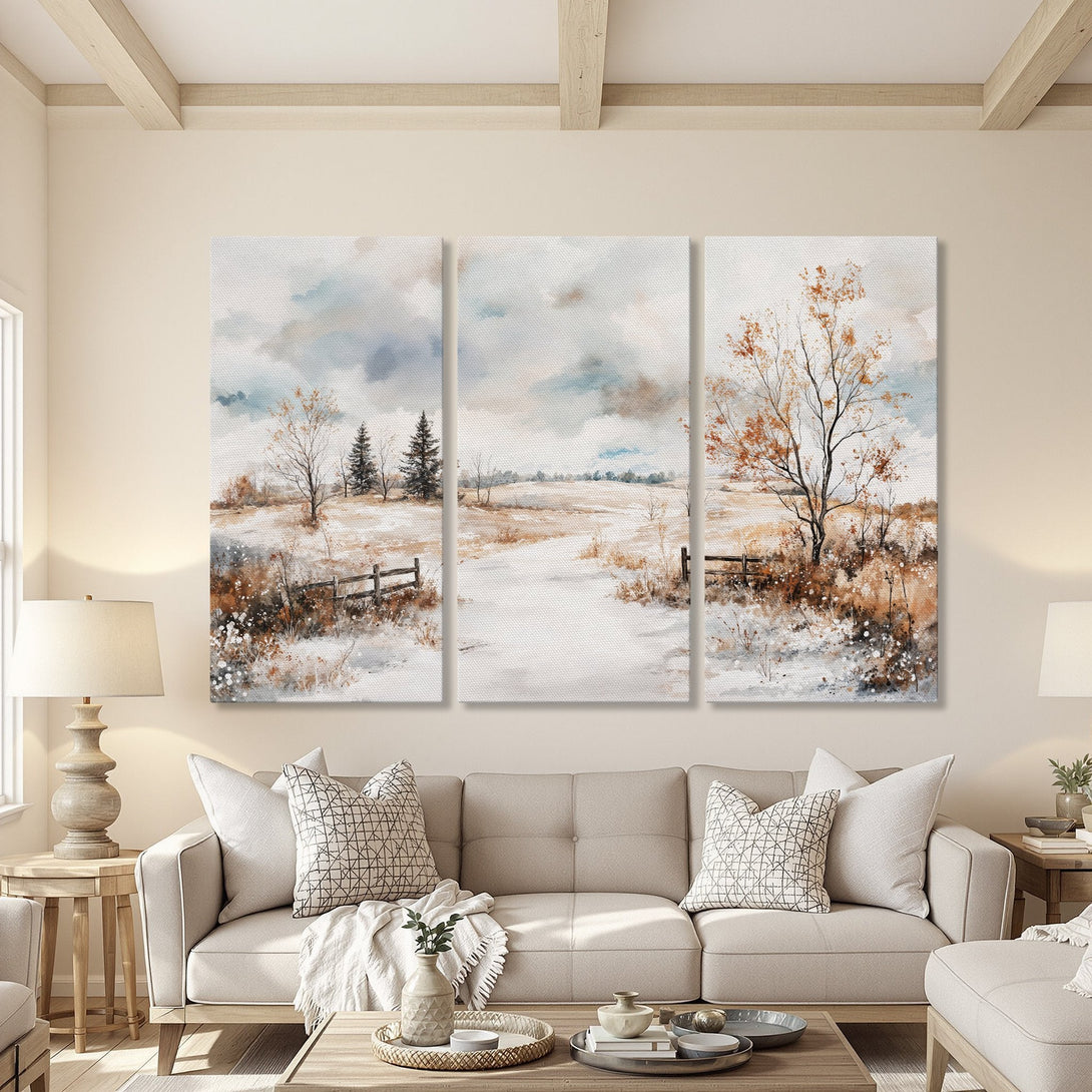 Canvas Print of a serene winter landscape in watercolor style. Features a neutral color palette with pops of orange and blue, perfect for home decor.