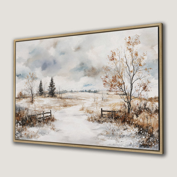 Framed Wall Art of a serene winter landscape painting with neutral tones. Featuring a snowy path, trees, and a muted color palette for a cozy aesthetic.