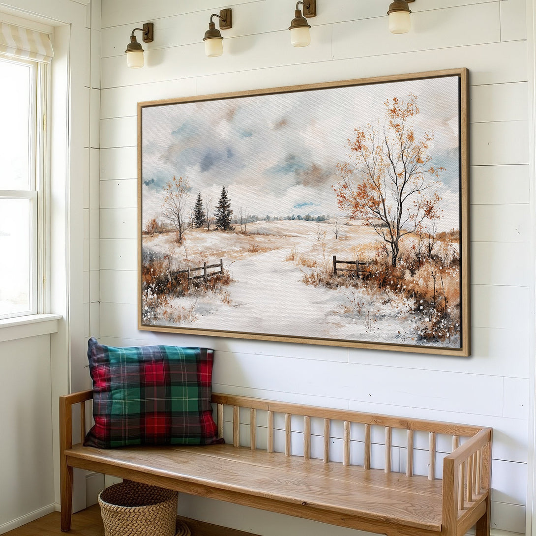 Framed Wall Art: Winter landscape canvas print with muted blue, brown, and white tones. Rustic art for cozy home decor.