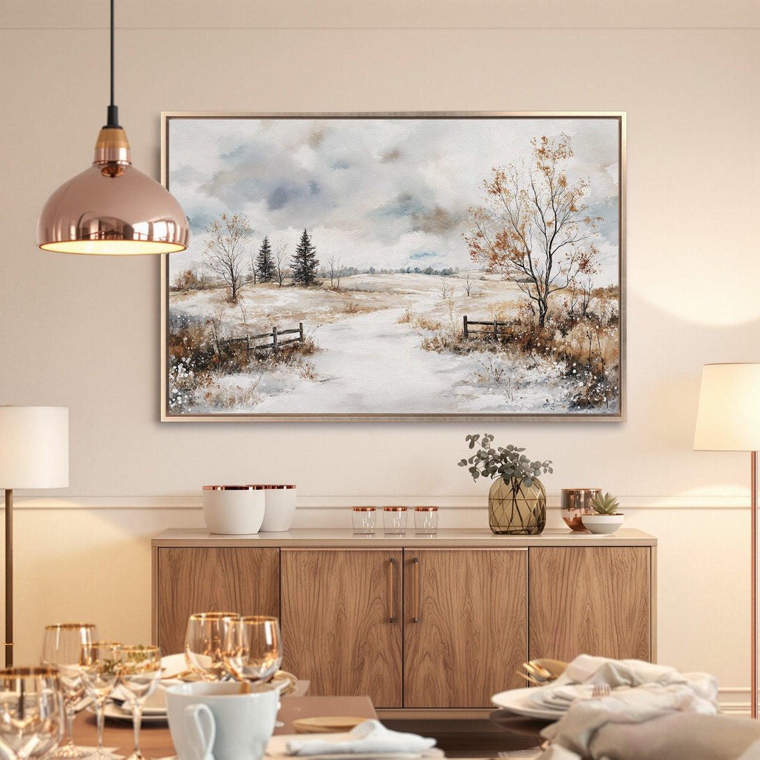 Framed Wall Art: Watercolor winter landscape with neutral tones. Enhance your home decor with this beautiful canvas print.