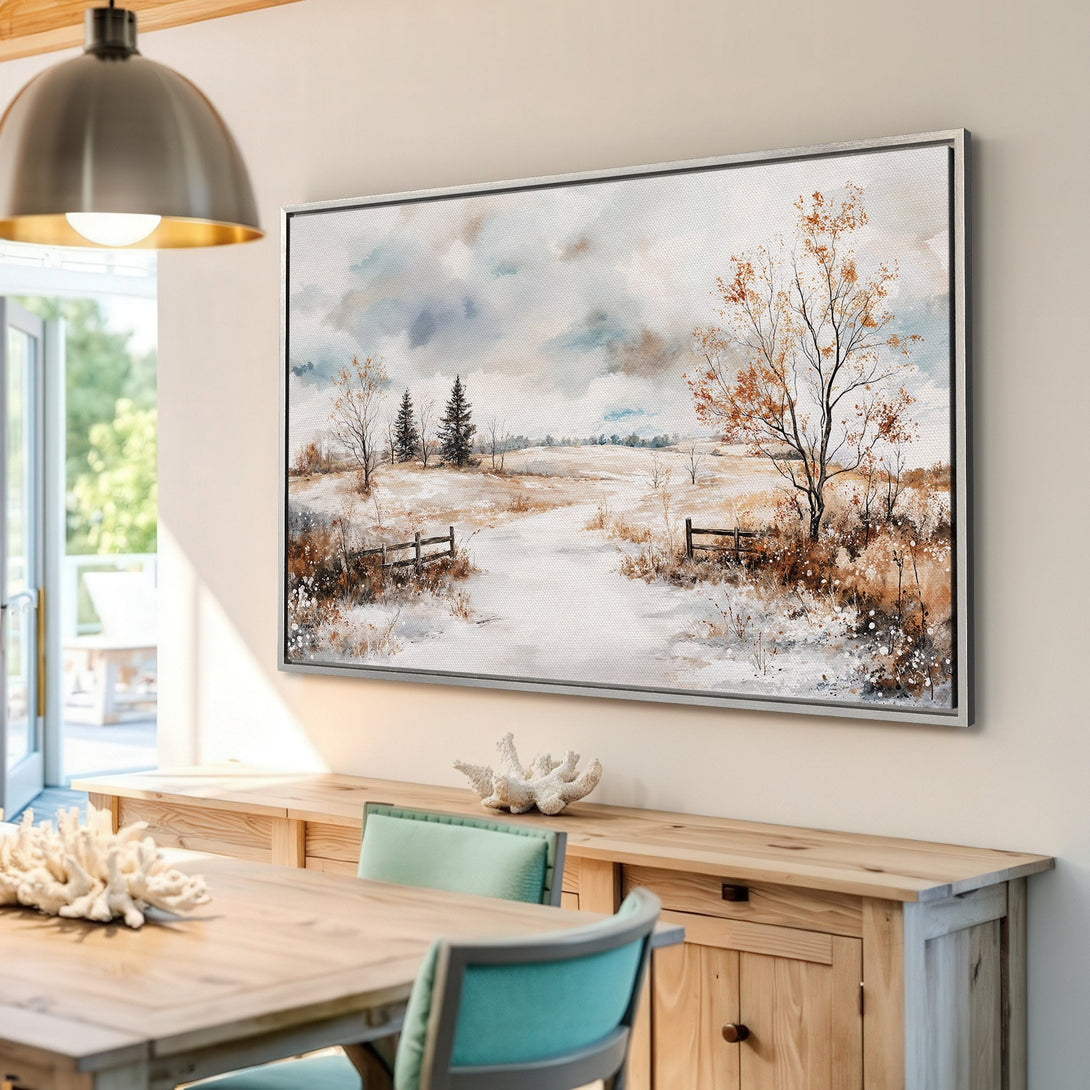 Framed Wall Art: Watercolor winter landscape in neutral tones. Enhance your home with this serene, artistic canvas print.