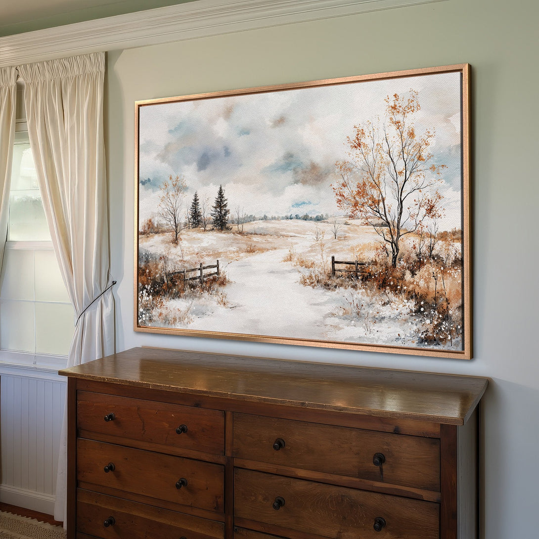Framed Wall Art: Winter landscape Canvas Print in neutral tones. Rustic style artwork with snow, trees, and a warm, inviting color palette.