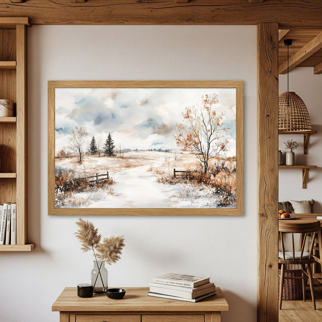 Framed Poster of a winter landscape in watercolor style. Featuring a serene scene with a muted blue, brown, and white color palette, perfect for home decor.