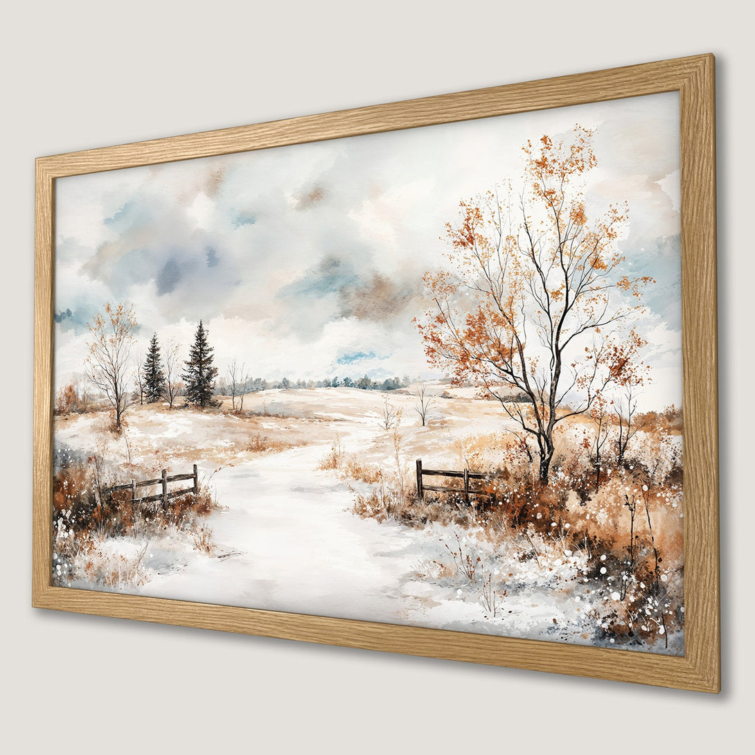 Framed Poster of a winter landscape in watercolor style with a neutral color palette. Perfect wall art for your home!