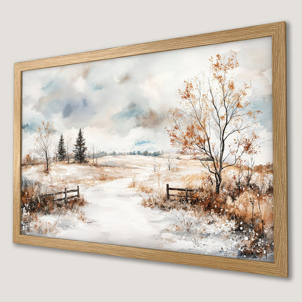 Framed Poster of a winter landscape in watercolor style with a neutral color palette. Perfect wall art for your home!