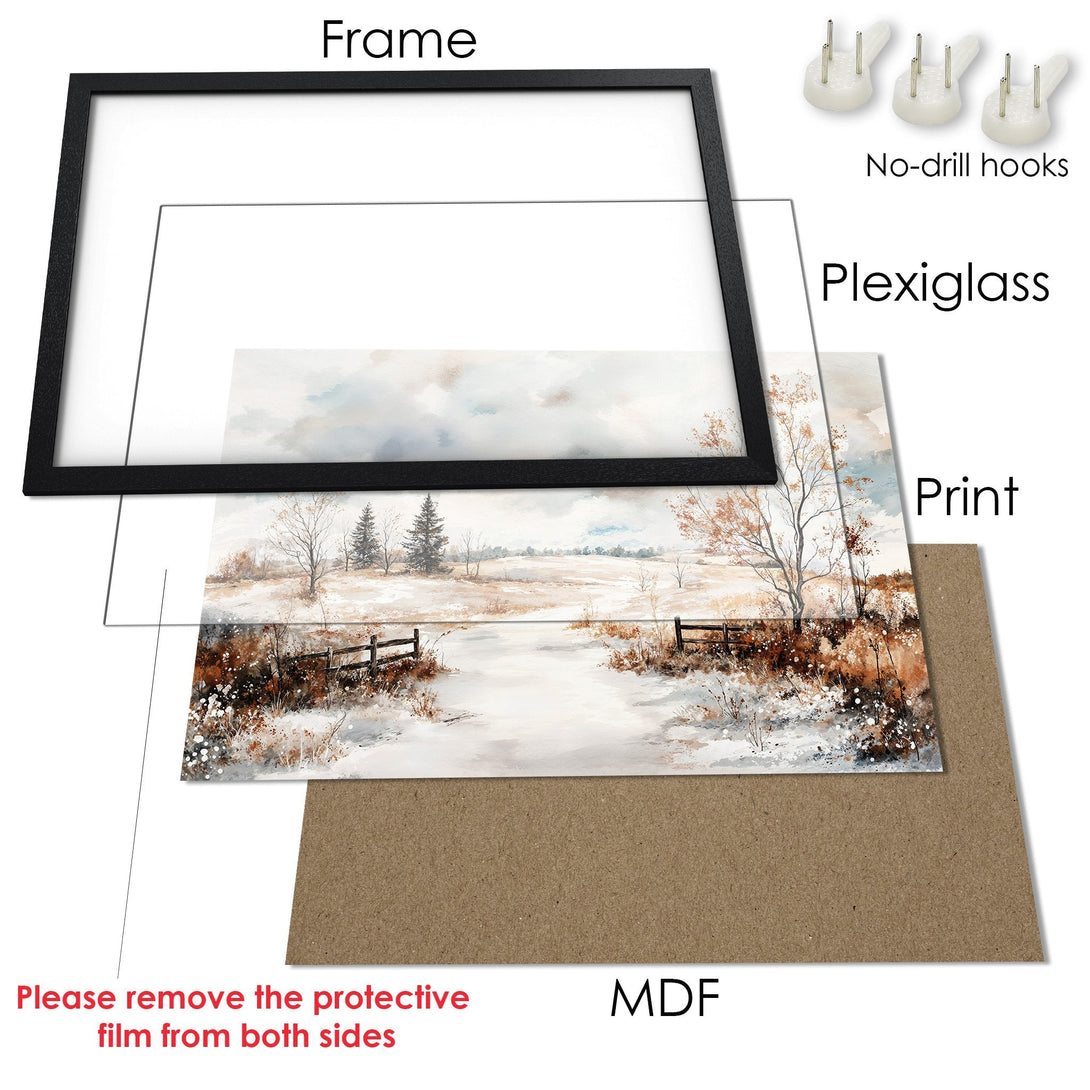 Framed Poster of a winter landscape in watercolor style. Features a neutral color palette with brown, white, and blue tones.