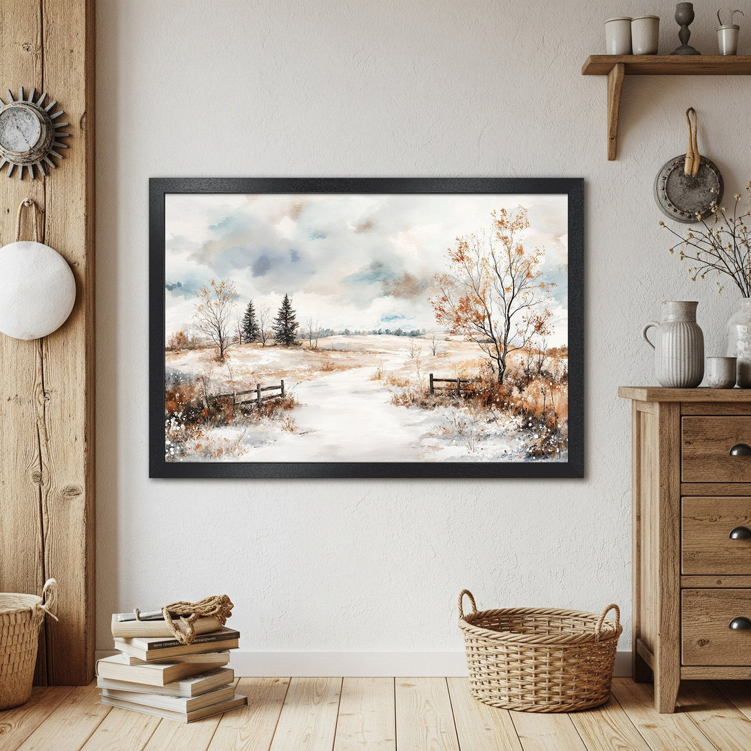 Framed Poster featuring a watercolor landscape in neutral tones. Perfect wall art for a cozy, rustic aesthetic.